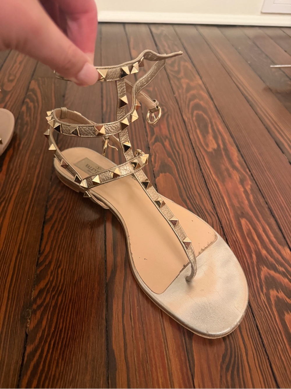 Valentino Gold Pyramid-Stud T-Strap Flat Sandals - Women